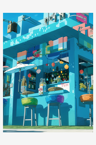 数字艺术蓝色场景咖啡馆酒吧