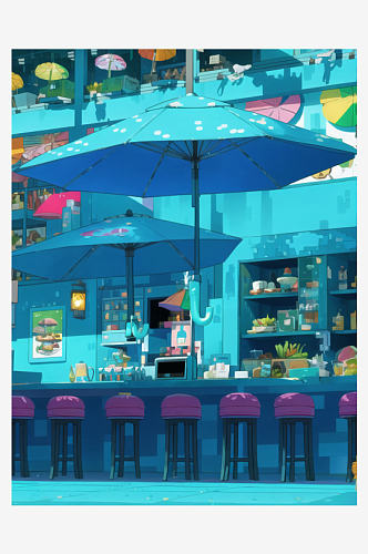 数字艺术蓝色场景咖啡馆酒吧