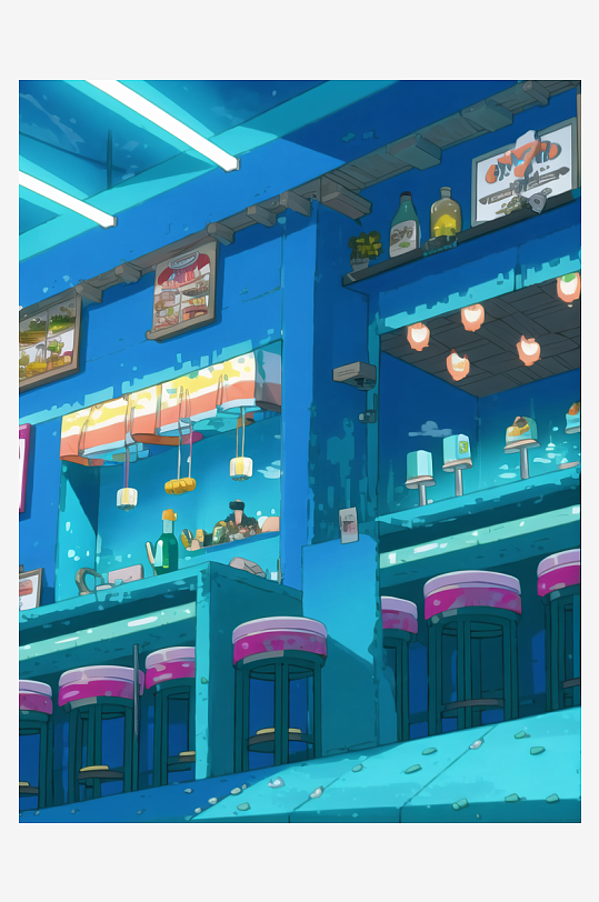 数字艺术蓝色场景咖啡馆酒吧插画