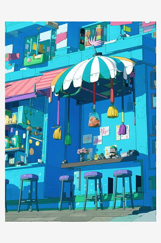 数字艺术蓝色场景咖啡馆酒吧插画
