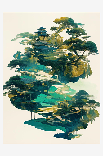 数字艺术创意插画玉石雕刻山水翡翠松树