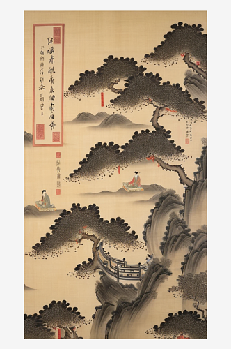 数字艺术国画写意山水水墨山水插画