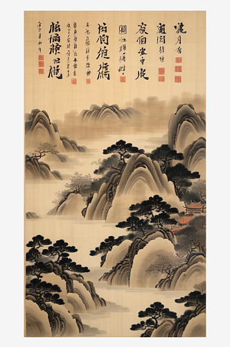 数字艺术国画写意山水水墨山水插画