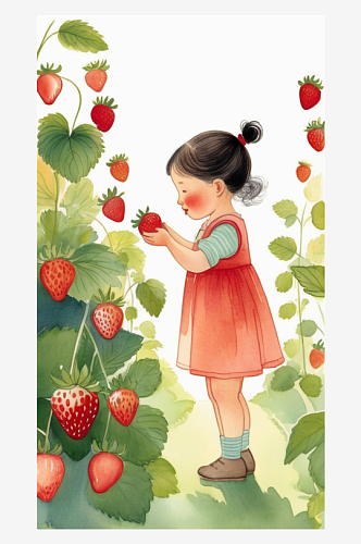 数字艺术摘草莓插画创意插画清新
