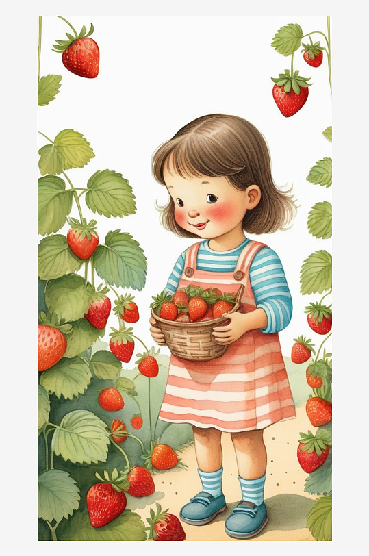 数字艺术摘草莓插画创意插画清新