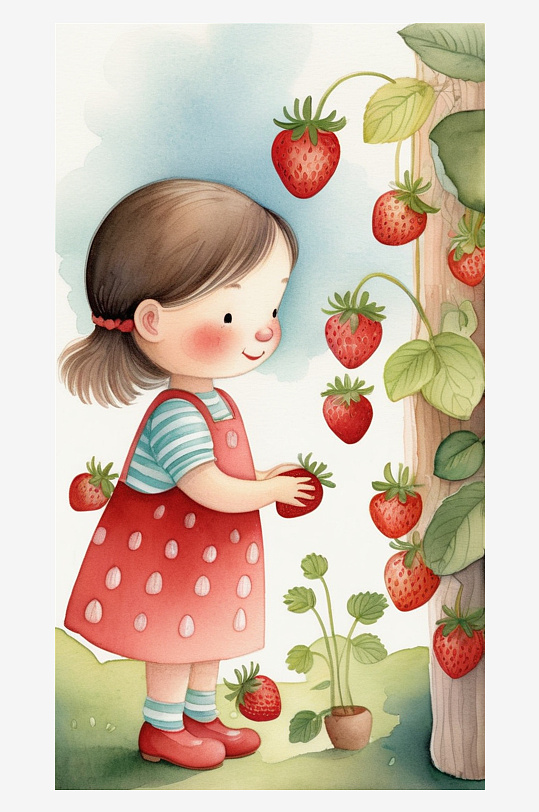 数字艺术摘草莓插画创意插画女孩彩铅插画