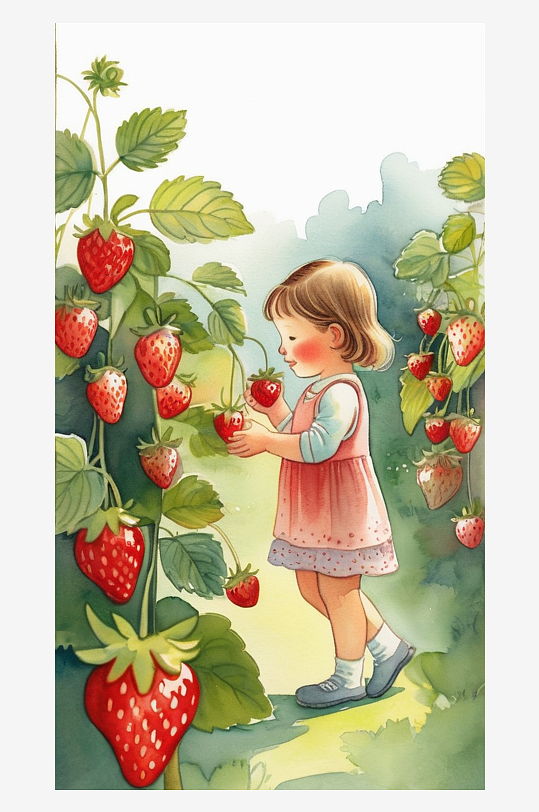 数字艺术摘草莓插画创意插画