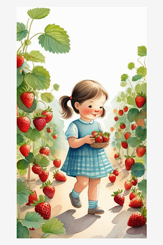 数字艺术摘草莓插画创意插画