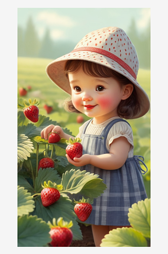 数字艺术写实插画儿童摄影儿童插画摘草莓