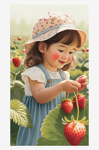 数字艺术写实插画儿童摄影儿童插画摘草莓