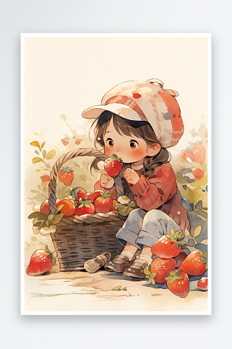 数字艺术手绘插画小红帽摘草莓艺术插画