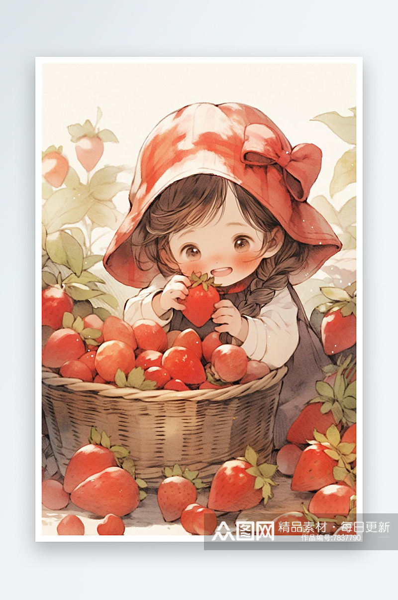 数字艺术手绘插画小红帽摘草莓艺术插画素材