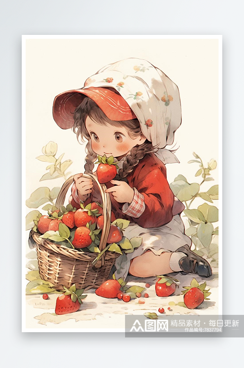 数字艺术手绘插画小红帽摘草莓艺术插画素材