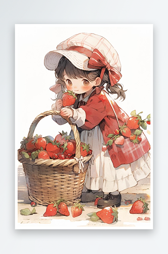 数字艺术手绘插画小红帽摘草莓艺术插画