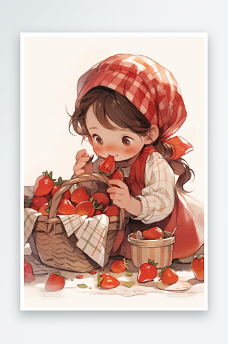 数字艺术手绘插画小红帽摘草莓艺术女孩插画