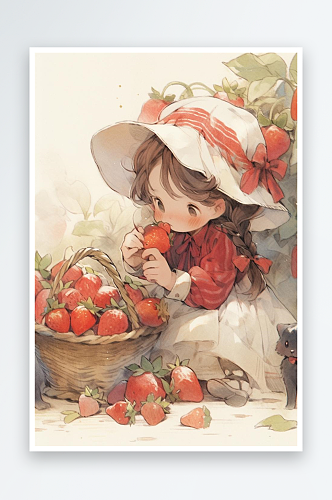 数字艺术手绘插画小红帽摘草莓艺术女孩插画