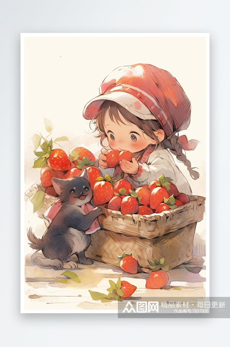 数字艺术手绘插画小红帽摘草莓插画11素材
