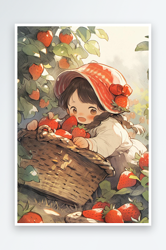 数字艺术手绘插画小红帽摘草莓插画11