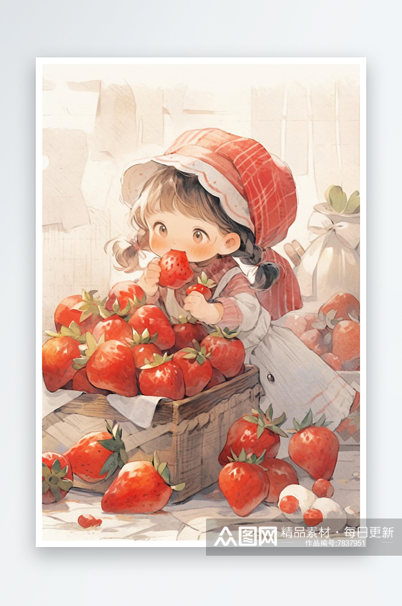 数字艺术手绘插画小红帽摘草莓插画11素材