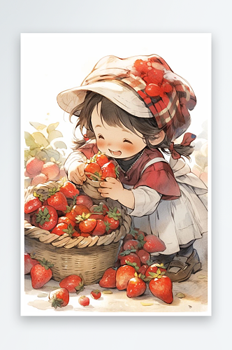 数字艺术手绘插画小红帽摘草莓插画11