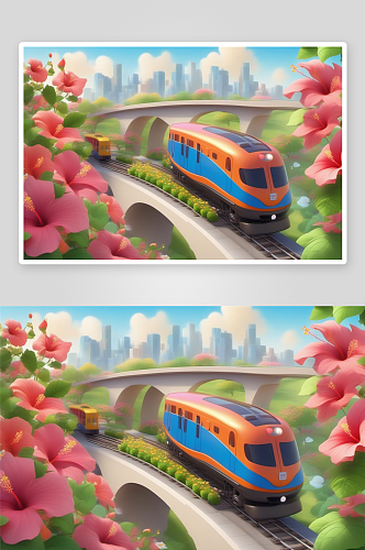 数字艺术皮卡斯风插画插图火车高铁插图