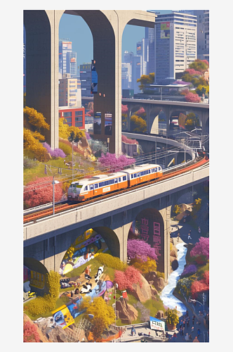 数字艺术创意插画插画灵感春天的列车绘画