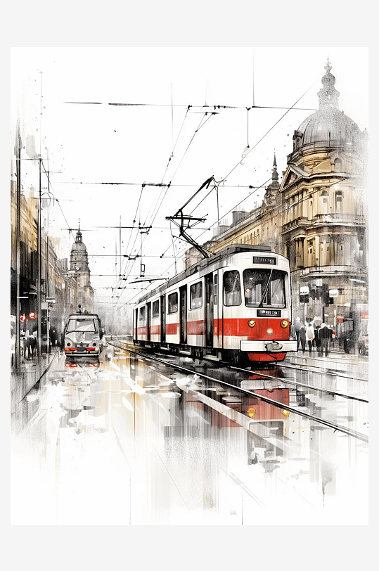 数字艺术水彩手绘插画插图老式电车公交车插