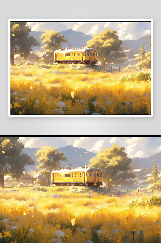 数字艺术田园手绘插画插图田野列车手装饰画