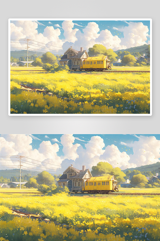 数字艺术田园手绘插画插图田野列车手绘画