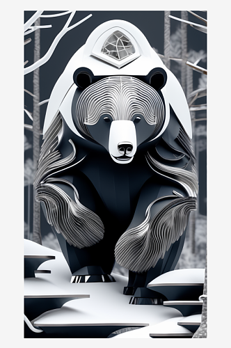数字艺术剪纸动物创意插画黑白插图