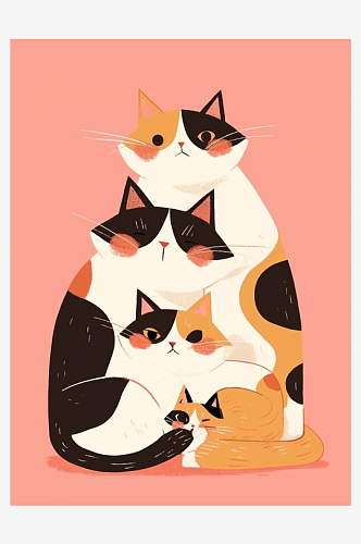 数字艺术猫咪装饰画扁平手绘风卡通猫素材