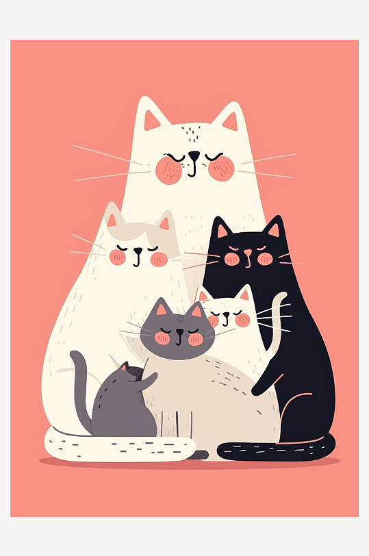 数字艺术猫咪装饰画扁平手绘风卡通猫素材