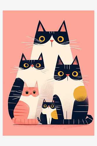 数字艺术猫咪装饰画扁平手绘风卡通猫