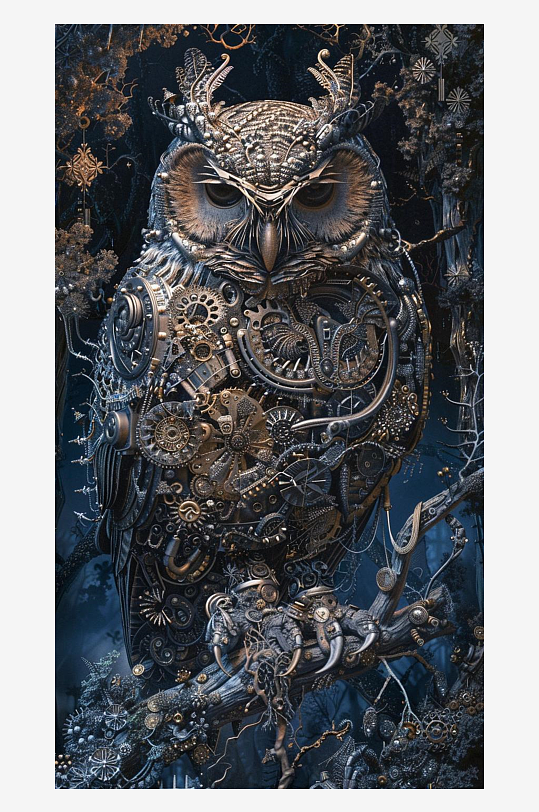 数字艺术机械拼装猫头鹰朋克风装饰画