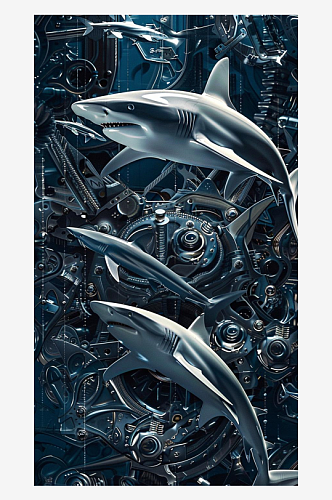 数字艺术机械鲨鱼插图蒸汽朋克