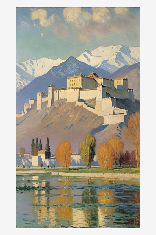 数字艺术手绘风景画西藏风景装饰画