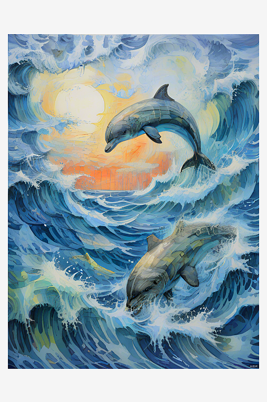 数字艺术梵高海豚油画创意装饰画