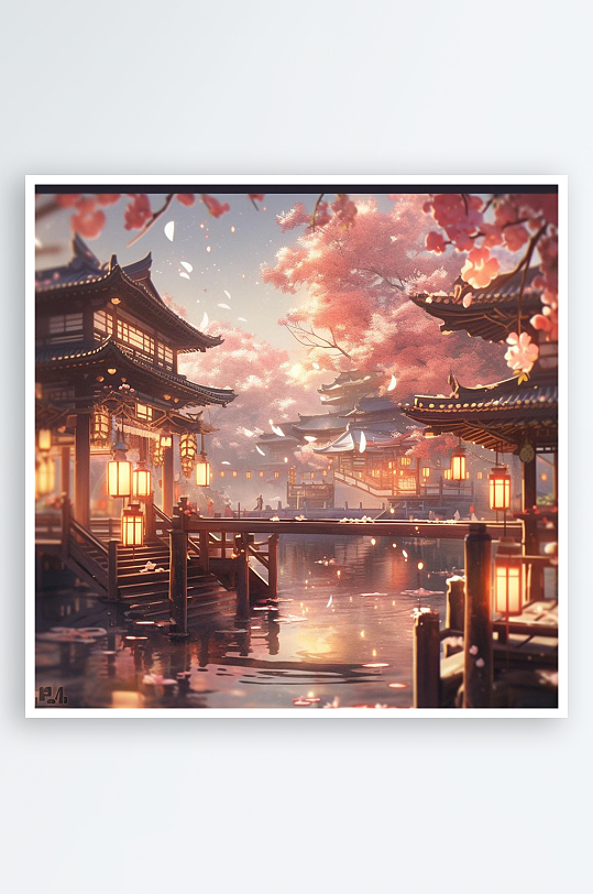 数字艺术手绘插画庭院樱花风景画庭院风景