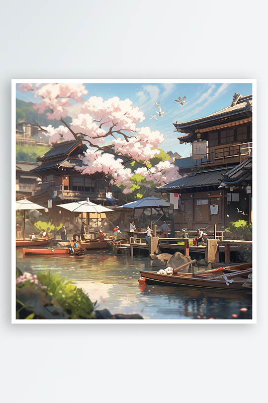 数字艺术手绘插画庭院樱花风景画庭院风景