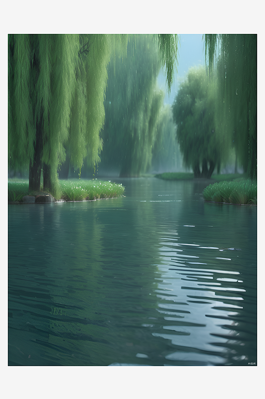 数字艺术创意河岸垂柳风景画