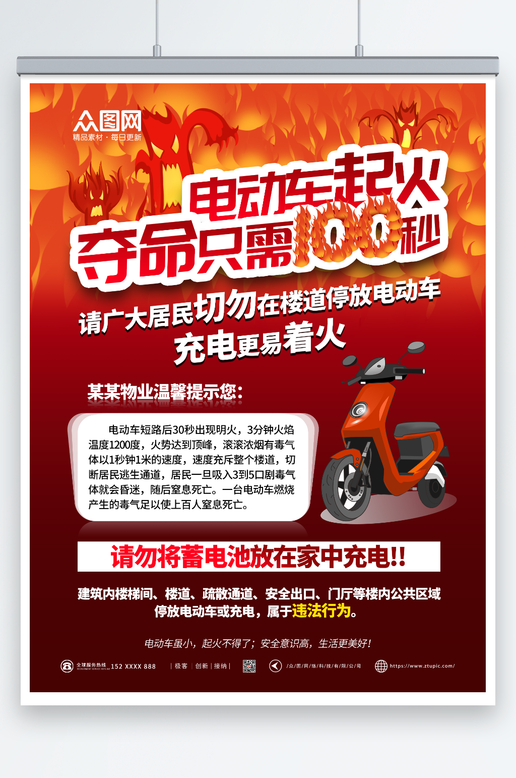 简约红色电动车火灾防范宣传海报素材