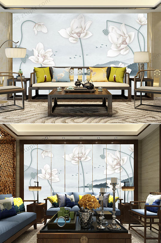 工笔荷花手绘荷花背景墙-众图网