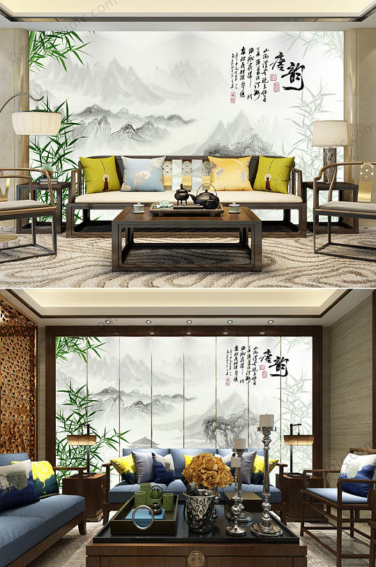 客厅壁画水墨山水-众图网