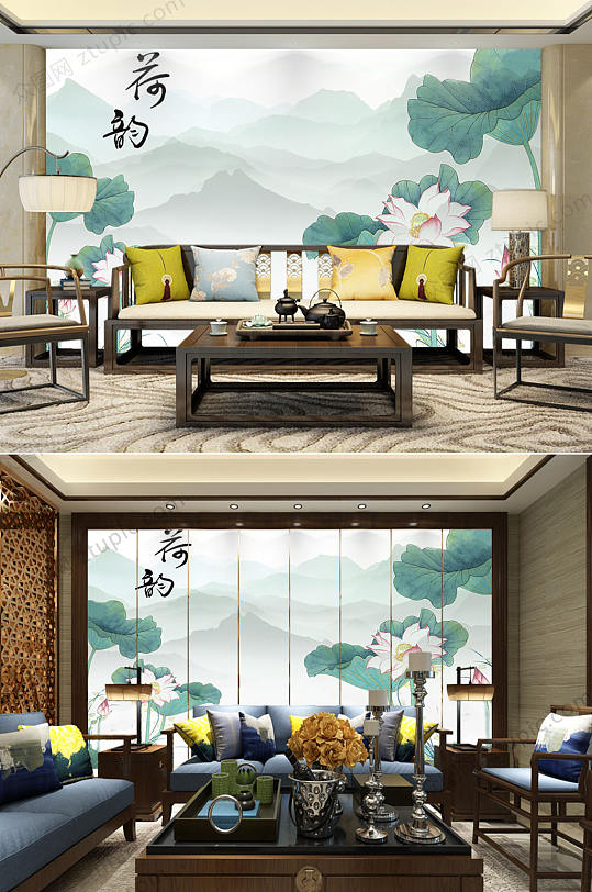 清新荷韵室内背景墙-众图网