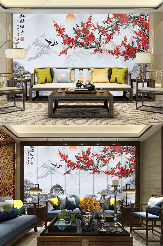 水墨风红梅傲雪背景墙-众图网