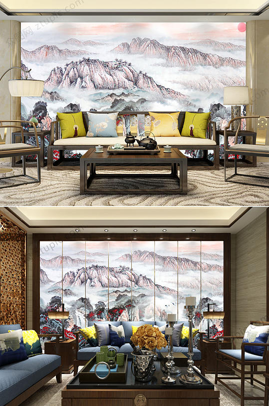 水墨山峰沙发背景墙-众图网