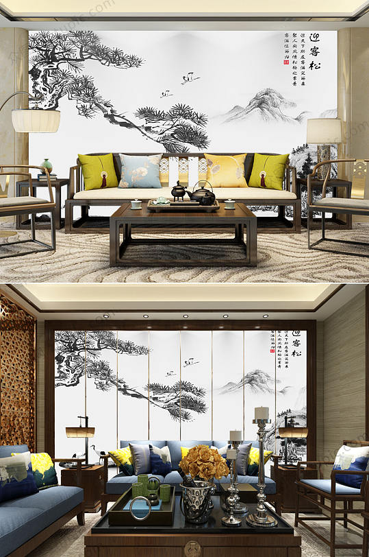 水墨迎客松背景墙-众图网