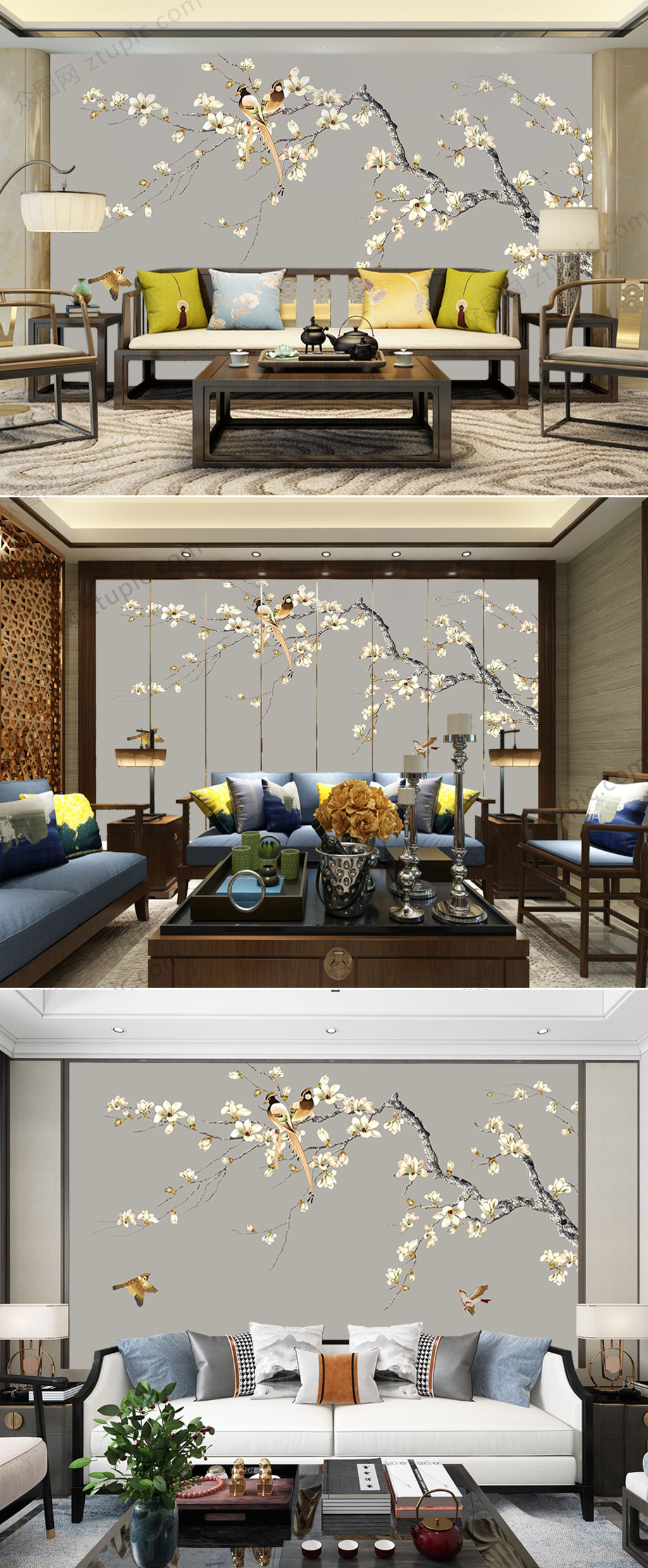 意境山水背景墙花鸟素材
