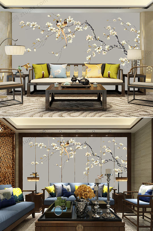 意境山水背景墙花鸟-众图网