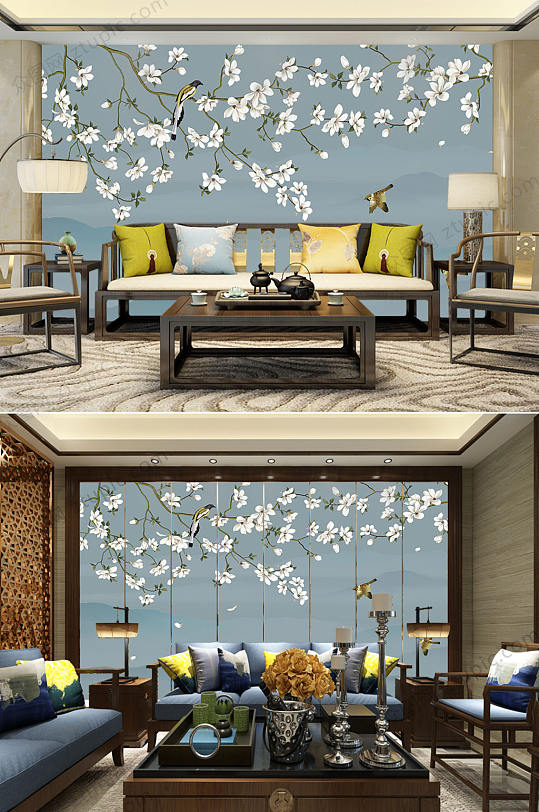 客厅背景墙古典工笔画梅花-众图网
